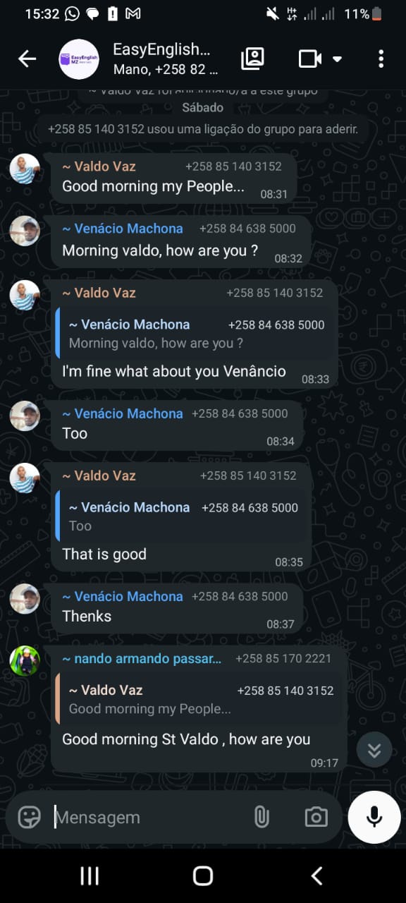 Conversa de aluno EasyEnglish MZ no WhatsApp